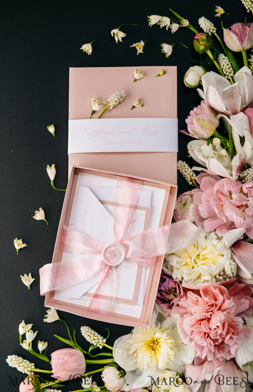 WEDDING INVITATIONS Elegant Invites Classic Cards Box Wedding Invitations Fine Art Stationery with Handmade Silk Bow and Floral Wax Seal