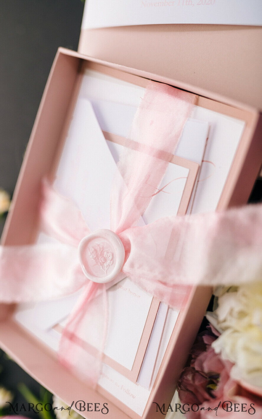 WEDDING INVITATIONS Elegant Invites Classic Cards Box Wedding Invitations Fine Art Stationery with Handmade Silk Bow and Floral Wax Seal