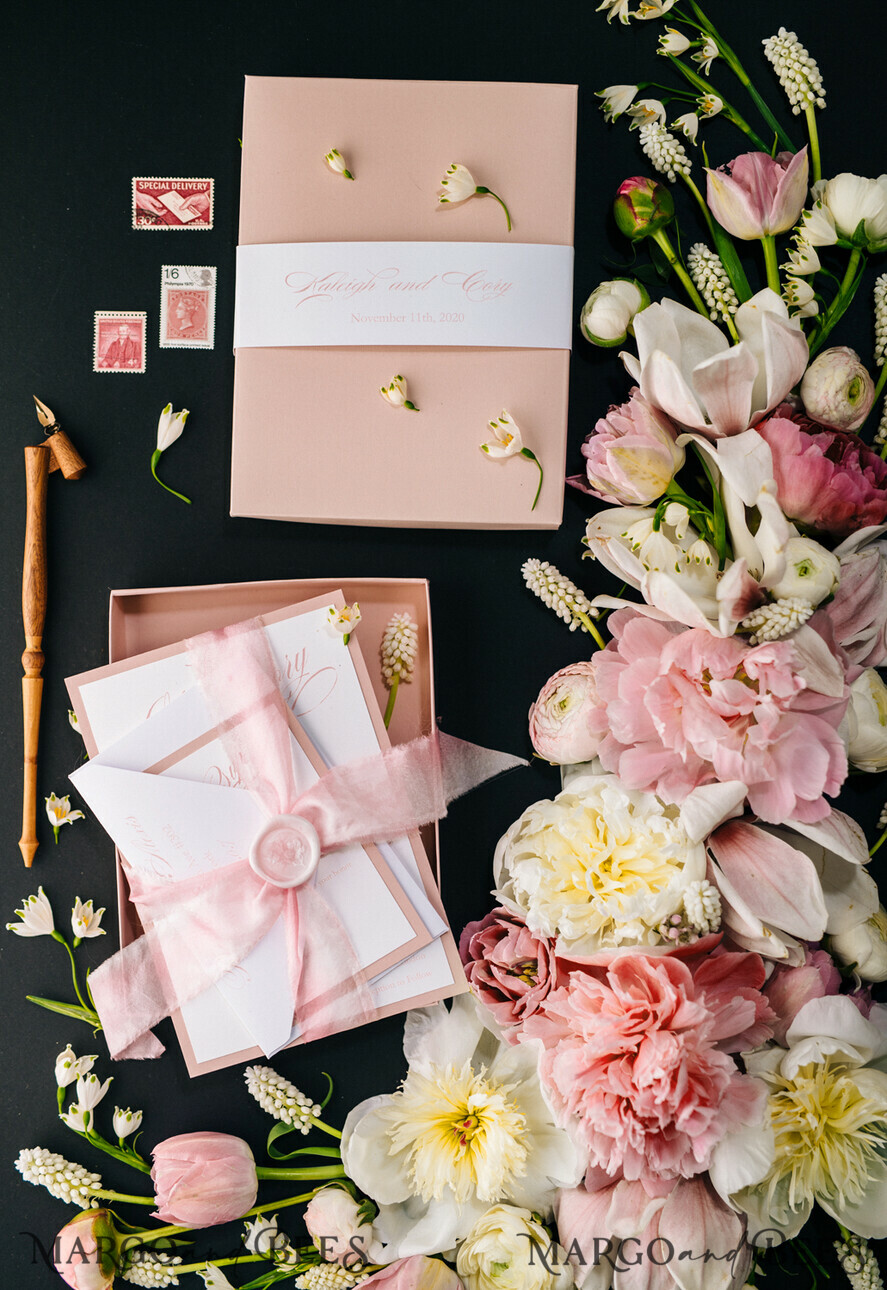 WEDDING INVITATIONS Elegant Invites Classic Cards Box Wedding Invitations Fine Art Stationery with Handmade Silk Bow and Floral Wax Seal