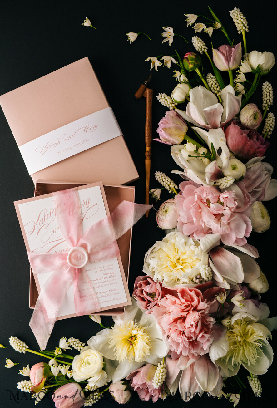 WEDDING INVITATIONS Elegant Invites Classic Cards Box Wedding Invitations Fine Art Stationery with Handmade Silk Bow and Floral Wax Seal