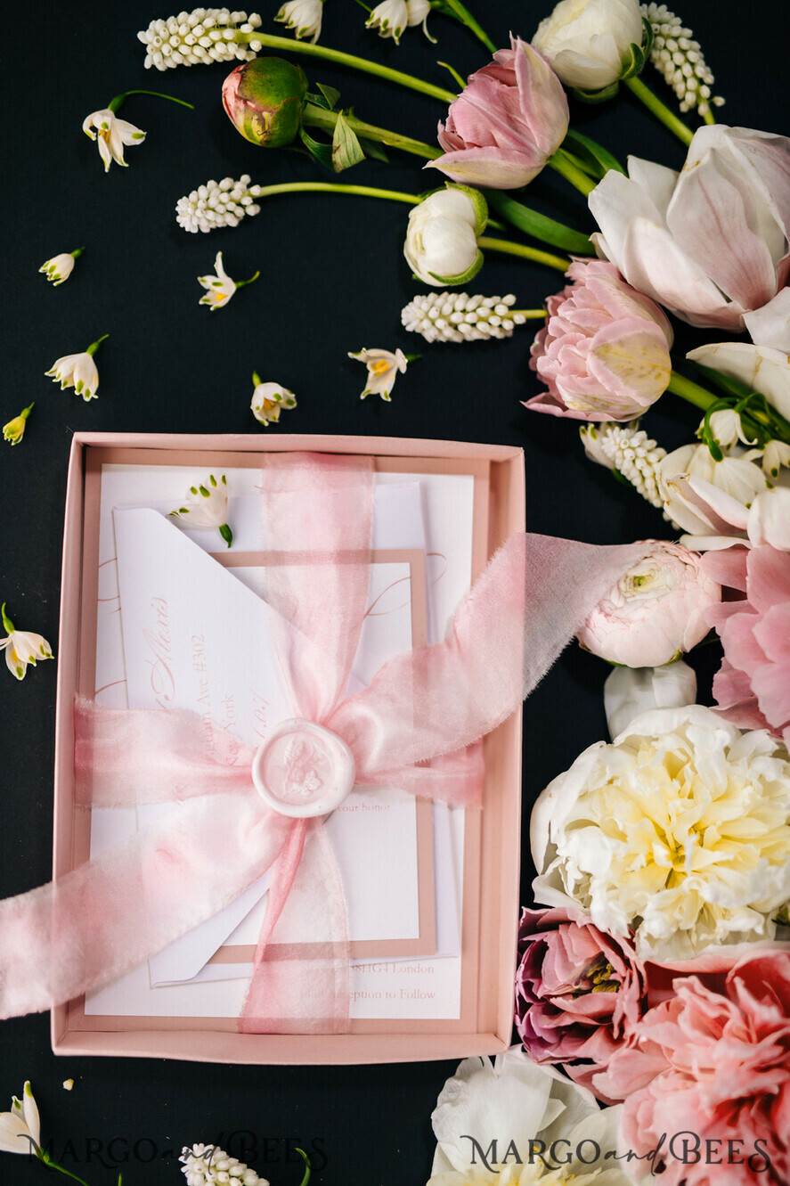 WEDDING INVITATIONS Elegant Invites Classic Cards Box Wedding Invitations Fine Art Stationery with Handmade Silk Bow and Floral Wax Seal