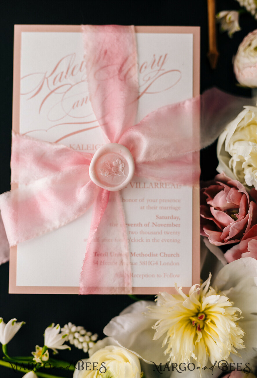 WEDDING INVITATIONS Elegant Invites Classic Cards Box Wedding Invitations Fine Art Stationery with Handmade Silk Bow and Floral Wax Seal