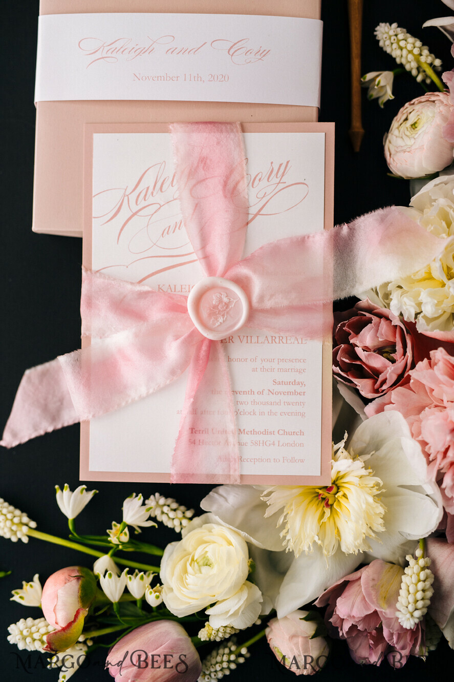 WEDDING INVITATIONS Elegant Invites Classic Cards Box Wedding Invitations Fine Art Stationery with Handmade Silk Bow and Floral Wax Seal