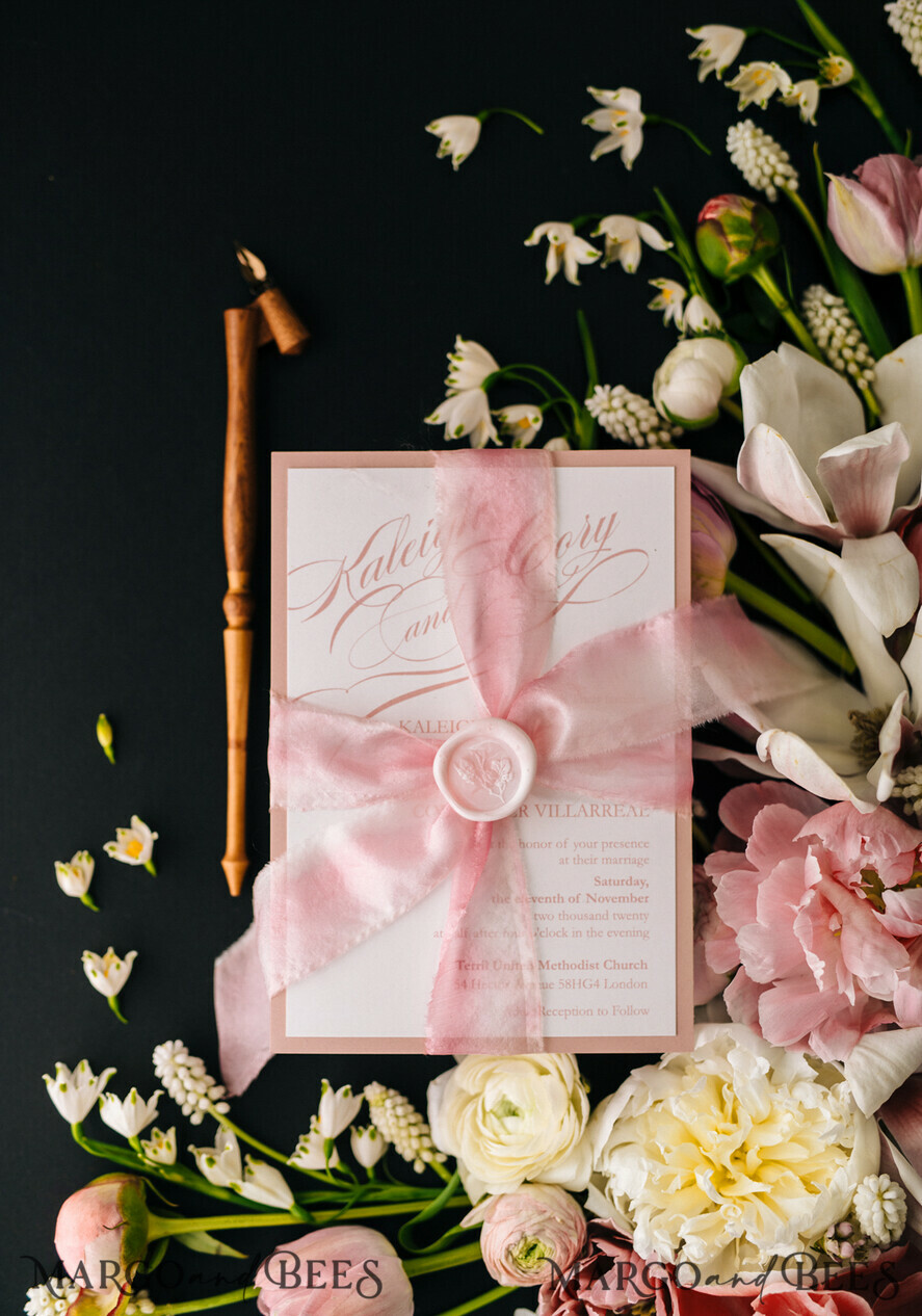 WEDDING INVITATIONS Elegant Invites Classic Cards Box Wedding Invitations Fine Art Stationery with Handmade Silk Bow and Floral Wax Seal