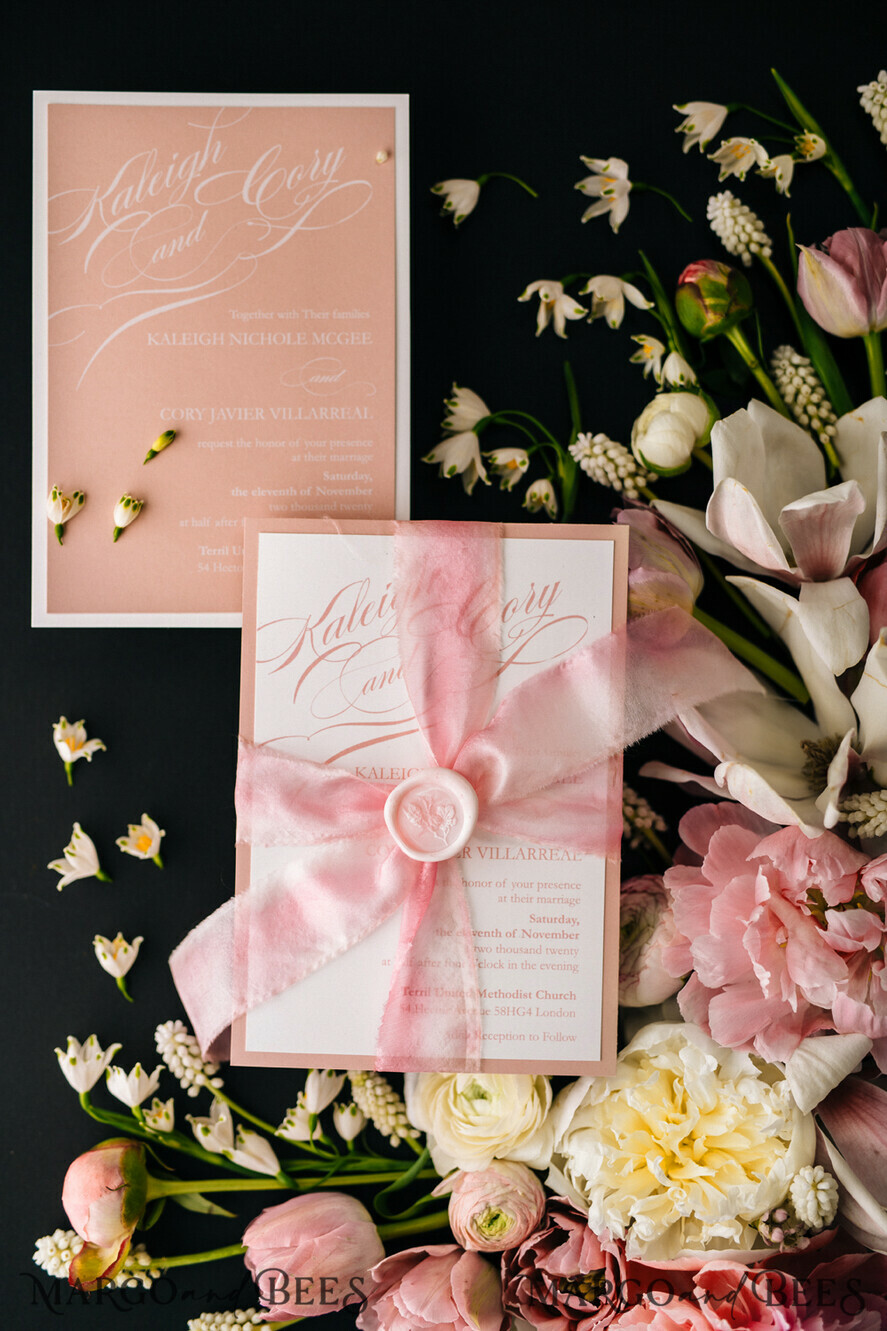 WEDDING INVITATIONS Elegant Invites Classic Cards Box Wedding Invitations Fine Art Stationery with Handmade Silk Bow and Floral Wax Seal