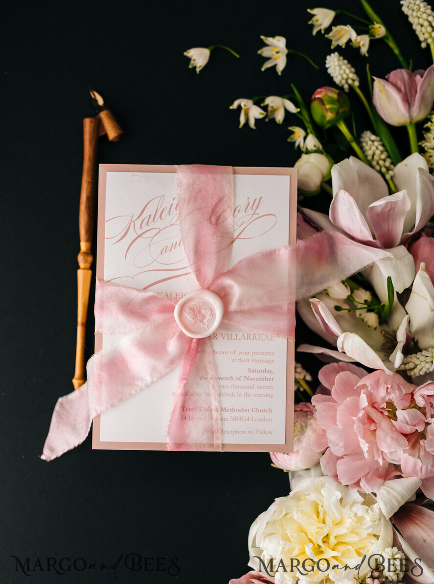 WEDDING INVITATIONS Elegant Invites Classic Cards Box Wedding Invitations Fine Art Stationery with Handmade Silk Bow and Floral Wax Seal