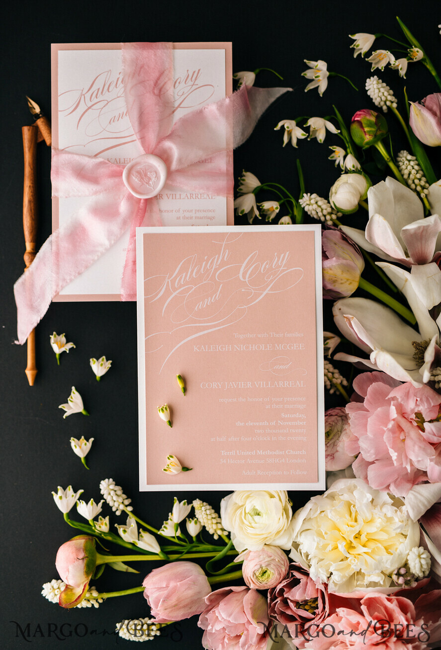 WEDDING INVITATIONS Elegant Invites Classic Cards Box Wedding Invitations Fine Art Stationery with Handmade Silk Bow and Floral Wax Seal
