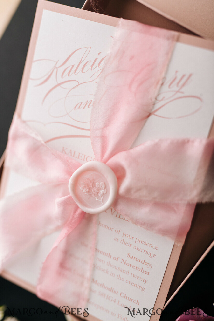 WEDDING INVITATIONS Elegant Invites Classic Cards Box Wedding Invitations Fine Art Stationery with Handmade Silk Bow and Floral Wax Seal