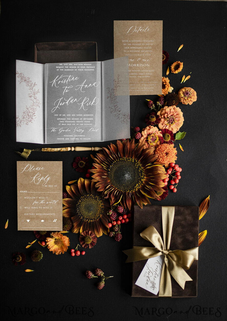 WEDDING INVITATIONS Elegant Invites Classic Cards Luxury wedding invitation in Box, Velvet Vellum Wedding Invitations, Brown clear Wedding Crads