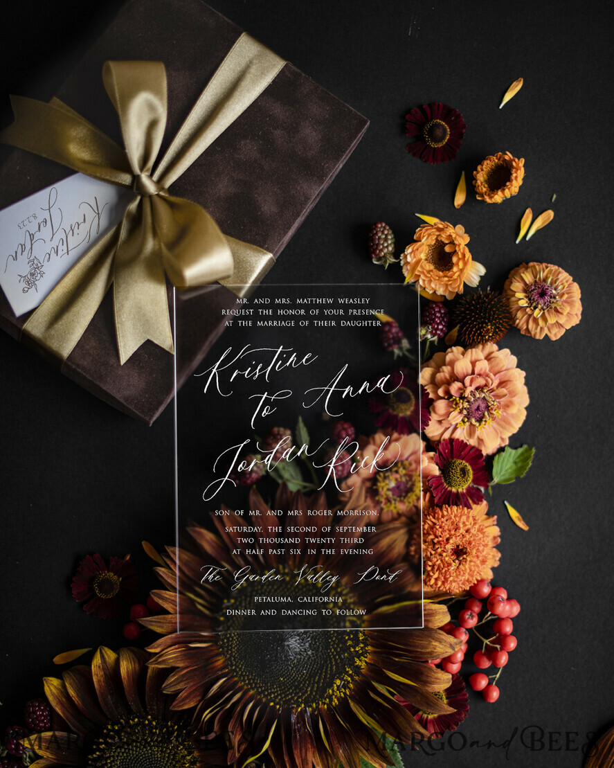 WEDDING INVITATIONS Elegant Invites Classic Cards Luxury wedding invitation in Box, Velvet Vellum Wedding Invitations, Brown clear Wedding Crads