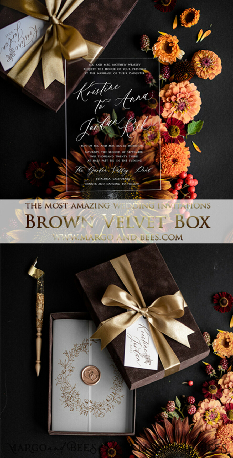WEDDING INVITATIONS Elegant Invites Classic Cards Luxury wedding invitation in Box, Velvet Vellum Wedding Invitations, Brown clear Wedding Crads