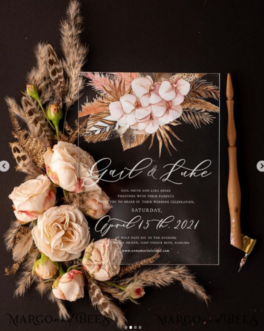 WEDDING INVITATIONS Elegant Invites Classic Cards invitations in a box satin ribbon invitation with pampass grass