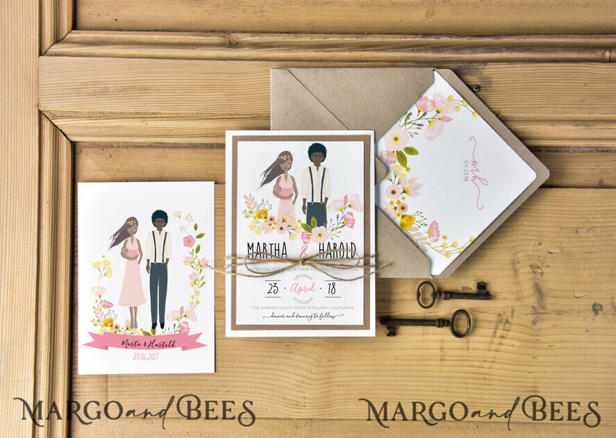 WEDDING INVITATIONS Elegant Invites Classic Cards Silhouette Wedding Invitation Suite Bride and Groom Custom Illustration Stationery with Eco Envelope Floral Liner with Monogram