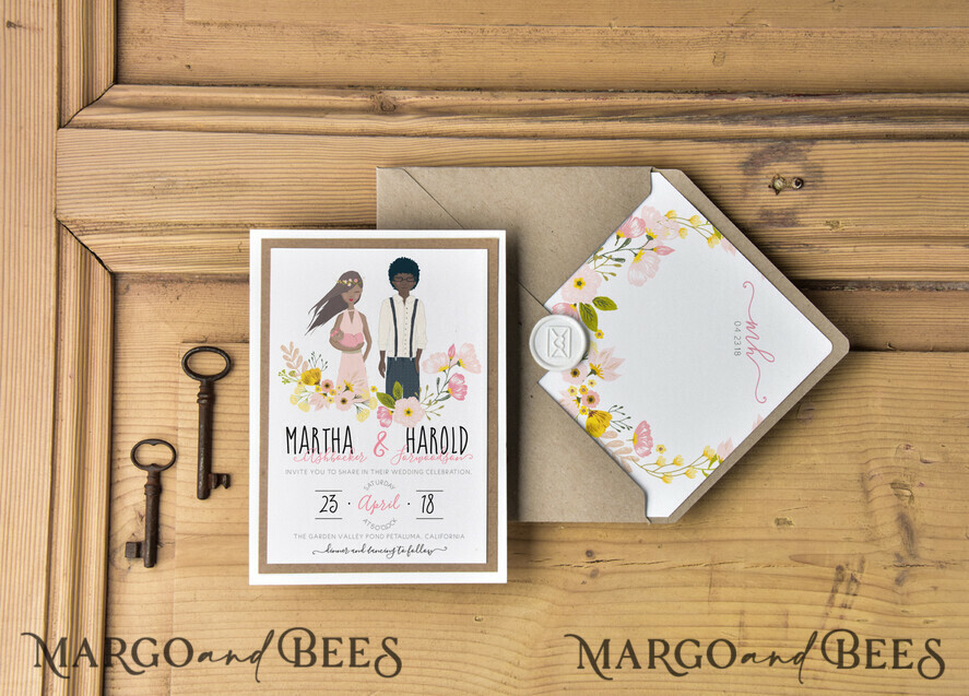 WEDDING INVITATIONS Elegant Invites Classic Cards Silhouette Wedding Invitation Suite Bride and Groom Custom Illustration Stationery with Eco Envelope Floral Liner with Monogram
