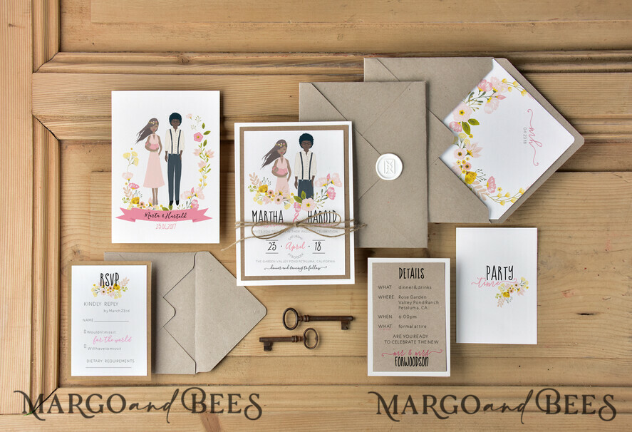 WEDDING INVITATIONS Elegant Invites Classic Cards Silhouette Wedding Invitation Suite Bride and Groom Custom Illustration Stationery with Eco Envelope Floral Liner with Monogram