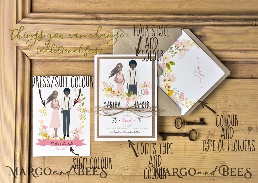 WEDDING INVITATIONS Elegant Invites Classic Cards Silhouette Wedding Invitation Suite Bride and Groom Custom Illustration Stationery with Eco Envelope Floral Liner with Monogram