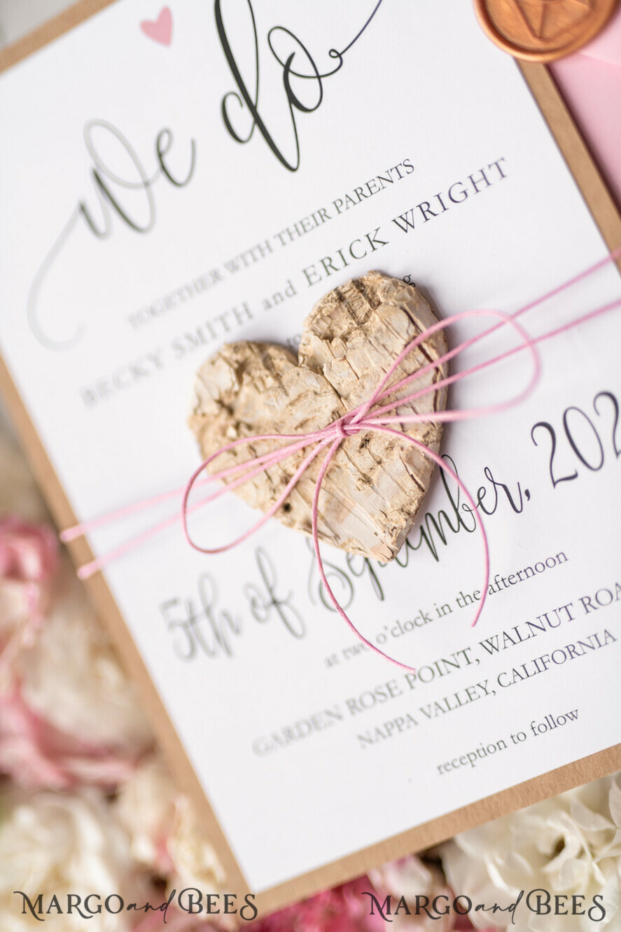 WEDDING INVITATIONS Elegant Invites Classic Cards Vintage Wooden Wedding Invitations, Elegant Birch Heart Wedding Cards, Bespoke Pink Wedding Invites, Handmade Wedding Stationery