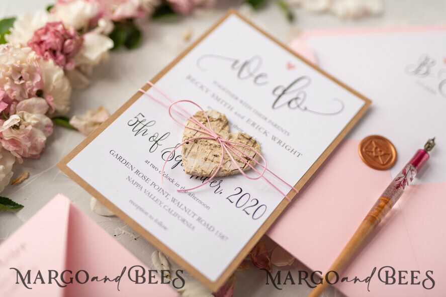 WEDDING INVITATIONS Elegant Invites Classic Cards Vintage Wooden Wedding Invitations, Elegant Birch Heart Wedding Cards, Bespoke Pink Wedding Invites, Handmade Wedding Stationery