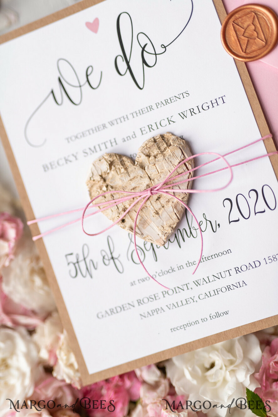WEDDING INVITATIONS Elegant Invites Classic Cards Vintage Wooden Wedding Invitations, Elegant Birch Heart Wedding Cards, Bespoke Pink Wedding Invites, Handmade Wedding Stationery