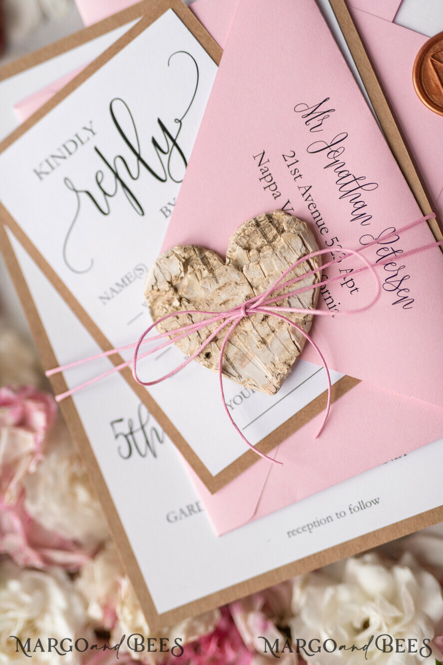 WEDDING INVITATIONS Elegant Invites Classic Cards Vintage Wooden Wedding Invitations, Elegant Birch Heart Wedding Cards, Bespoke Pink Wedding Invites, Handmade Wedding Stationery
