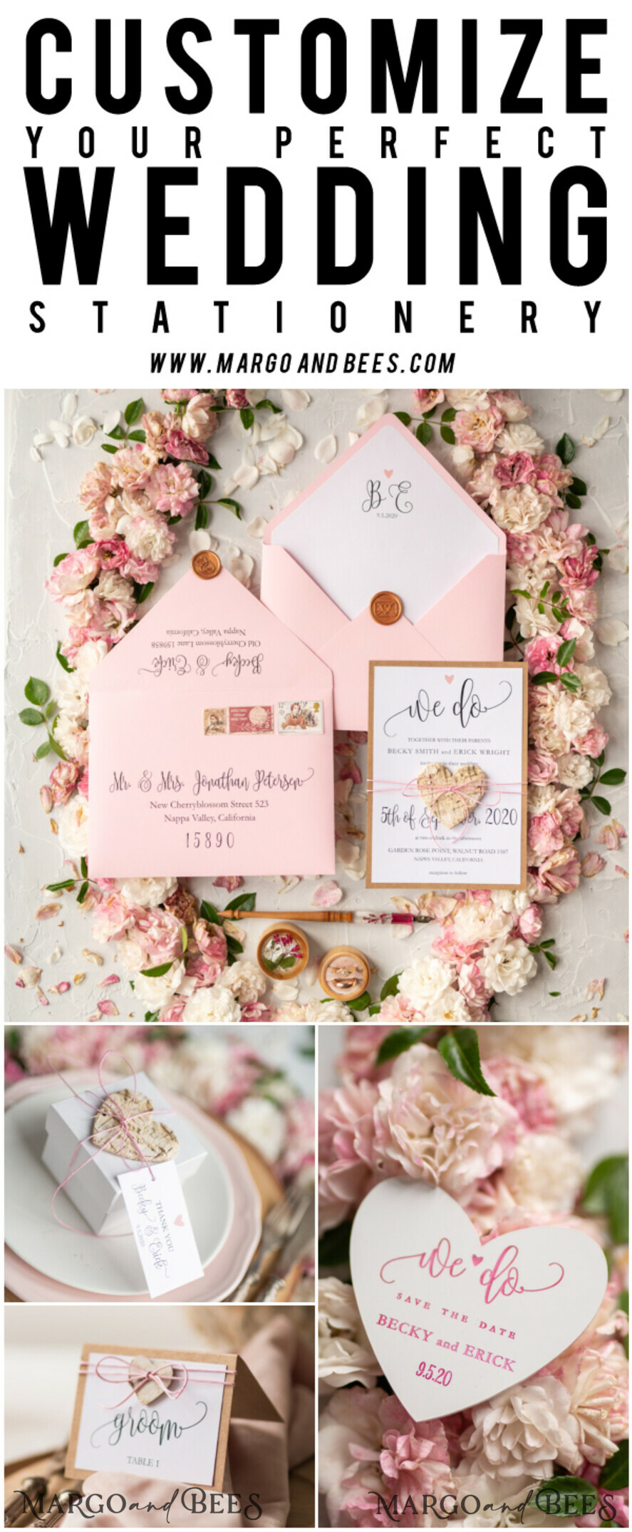 WEDDING INVITATIONS Elegant Invites Classic Cards Vintage Wooden Wedding Invitations, Elegant Birch Heart Wedding Cards, Bespoke Pink Wedding Invites, Handmade Wedding Stationery