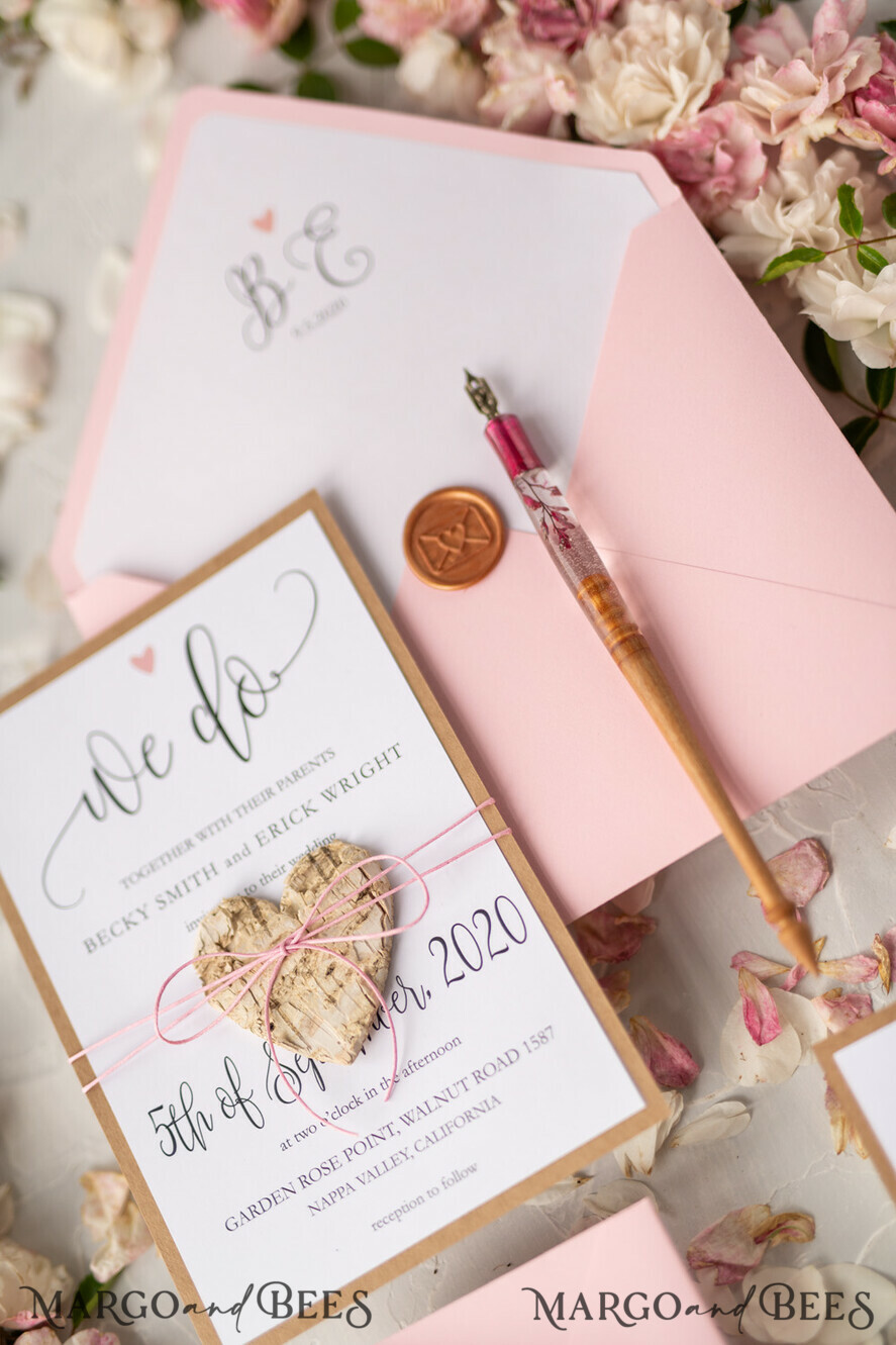 WEDDING INVITATIONS Elegant Invites Classic Cards Vintage Wooden Wedding Invitations, Elegant Birch Heart Wedding Cards, Bespoke Pink Wedding Invites, Handmade Wedding Stationery