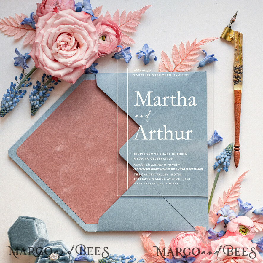 WEDDING INVITATIONS Elegant Invites Classic Cards Velvet Blush Pink Modern Wedding invitations Acrylic, dusty blue pink wedding invitations, Acrylic wedding invitations, Luxury Blush Pink Velvet Wedding Invites