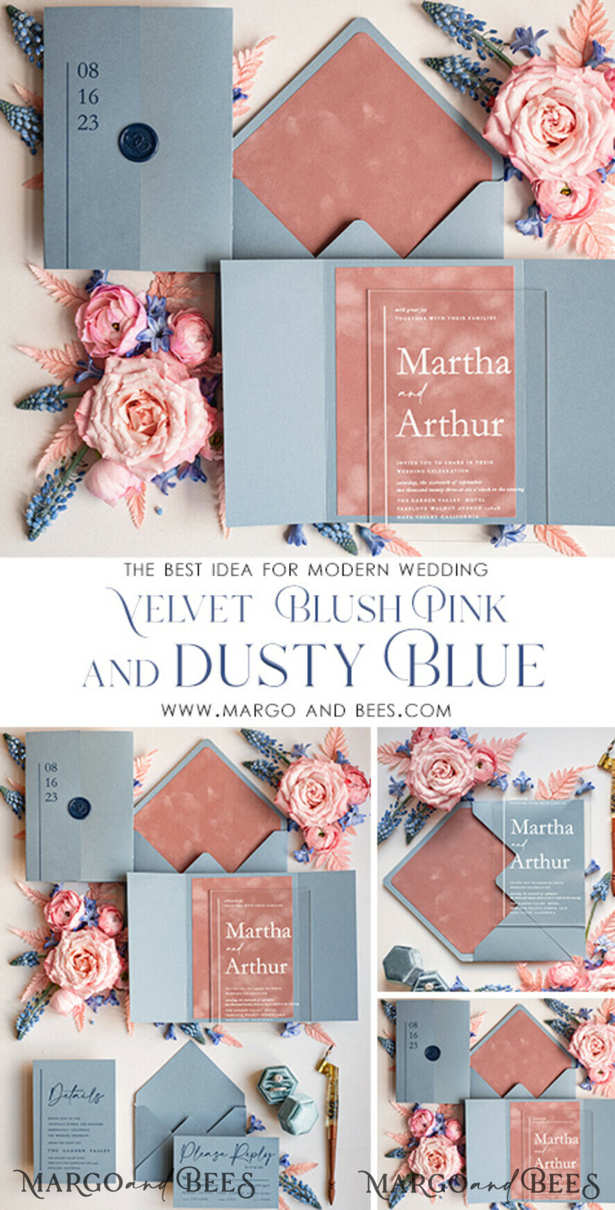 WEDDING INVITATIONS Elegant Invites Classic Cards Velvet Blush Pink Modern Wedding invitations Acrylic, dusty blue pink wedding invitations, Acrylic wedding invitations, Luxury Blush Pink Velvet Wedding Invites