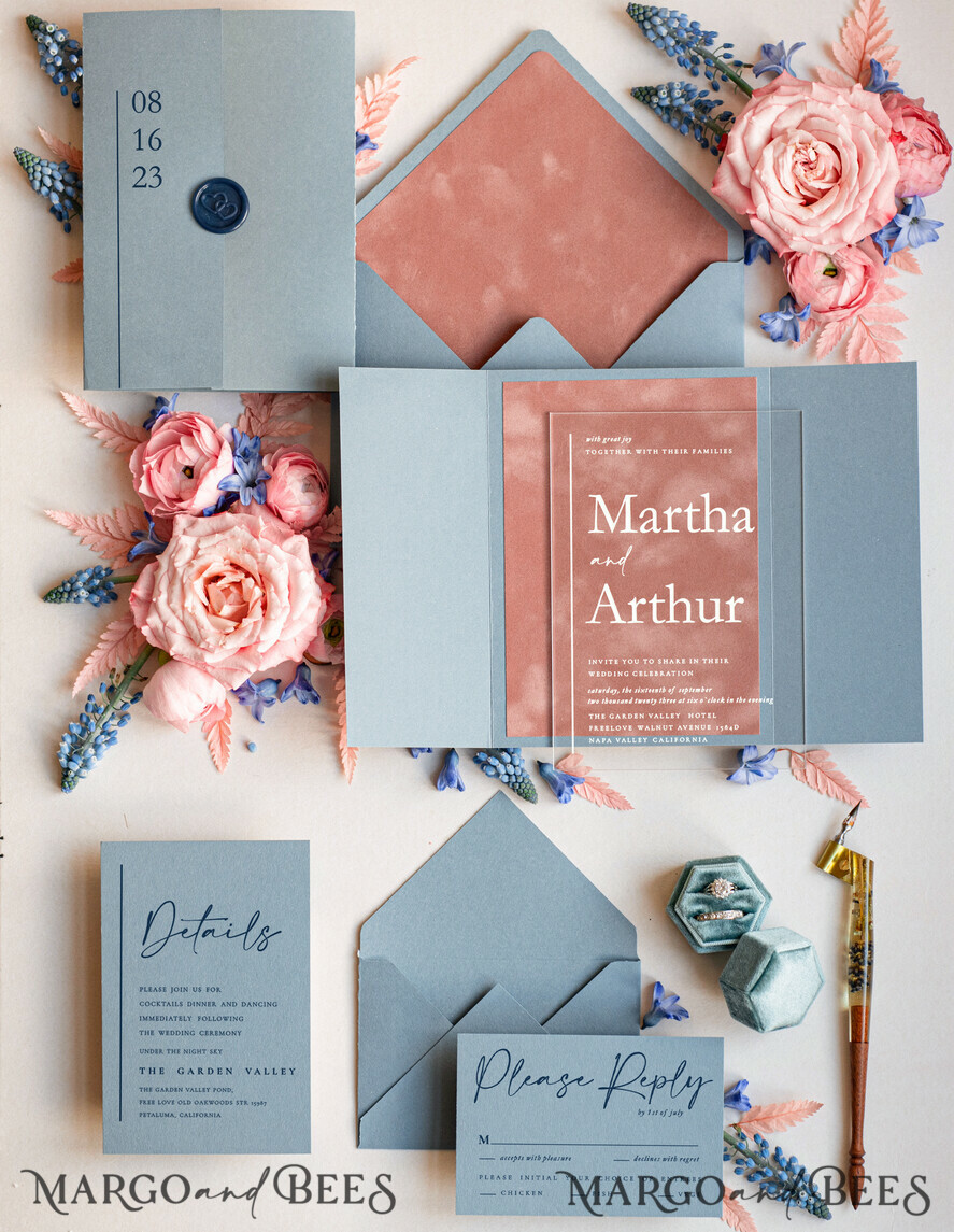 WEDDING INVITATIONS Elegant Invites Classic Cards Velvet Blush Pink Modern Wedding invitations Acrylic, dusty blue pink wedding invitations, Acrylic wedding invitations, Luxury Blush Pink Velvet Wedding Invites