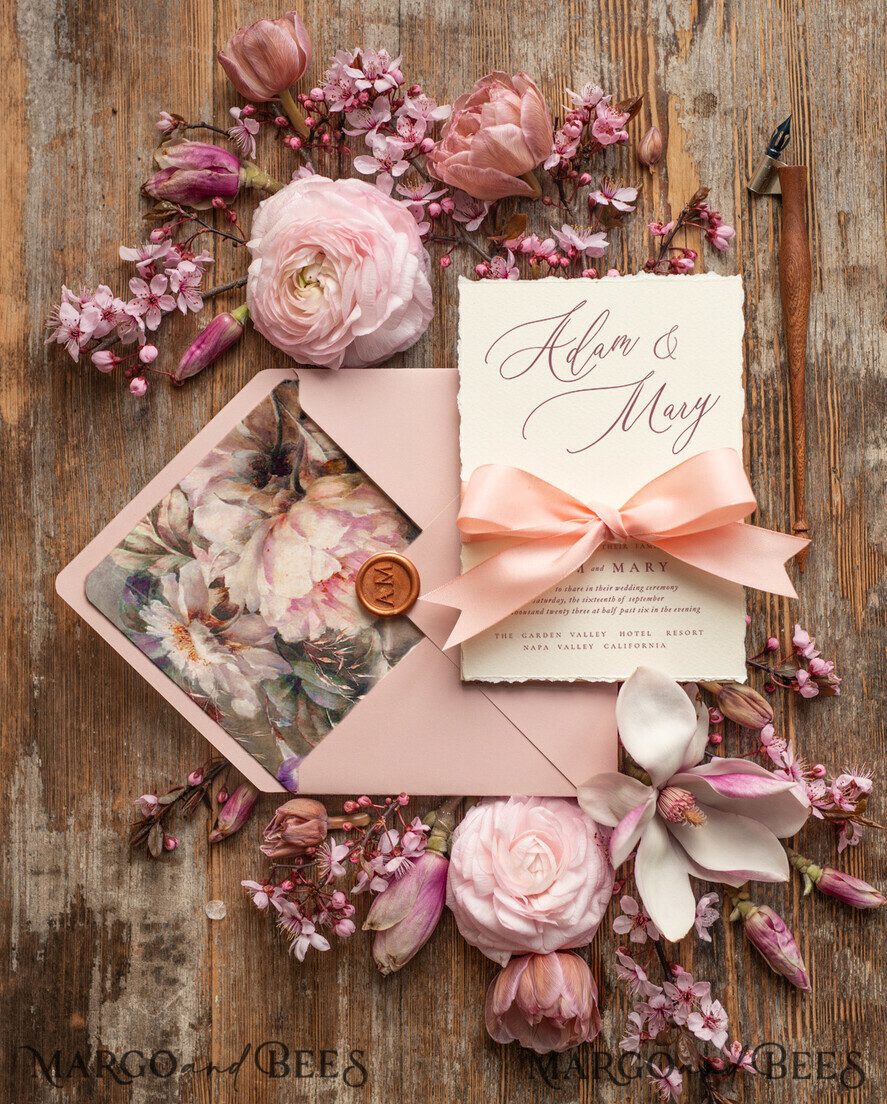 WEDDING INVITATIONS Elegant Invites Classic Cards Bespoke Pink Wedding Invitations, Fine Art Elegant Wedding invites, Vintage Blush Pink Invitation Set, Minimalistic Wedding Stationary set
