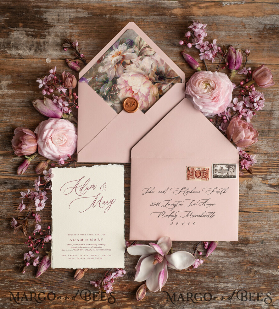 WEDDING INVITATIONS Elegant Invites Classic Cards Bespoke Pink Wedding Invitations, Fine Art Elegant Wedding invites, Vintage Blush Pink Invitation Set, Minimalistic Wedding Stationary set