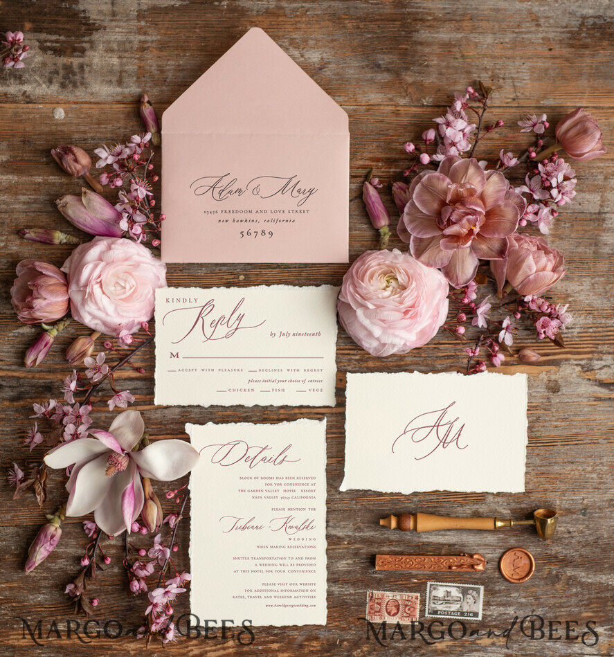 WEDDING INVITATIONS Elegant Invites Classic Cards Bespoke Pink Wedding Invitations, Fine Art Elegant Wedding invites, Vintage Blush Pink Invitation Set, Minimalistic Wedding Stationary set