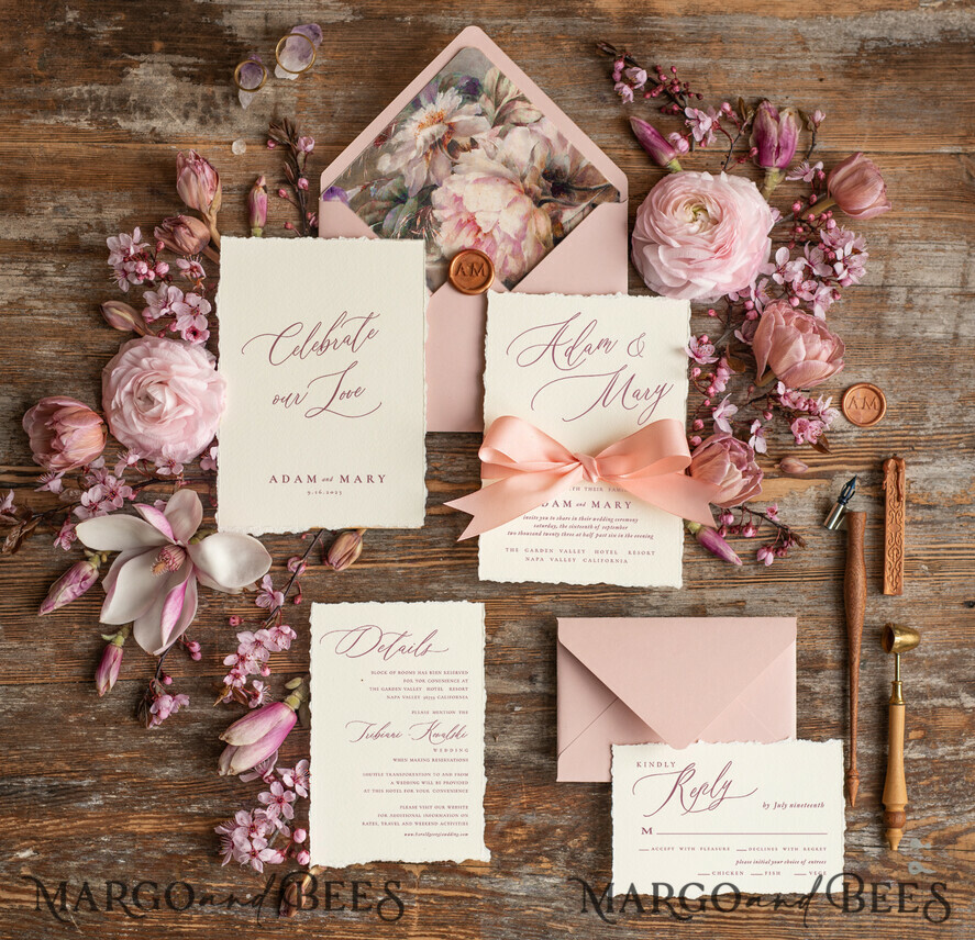 WEDDING INVITATIONS Elegant Invites Classic Cards Bespoke Pink Wedding Invitations, Fine Art Elegant Wedding invites, Vintage Blush Pink Invitation Set, Minimalistic Wedding Stationary set