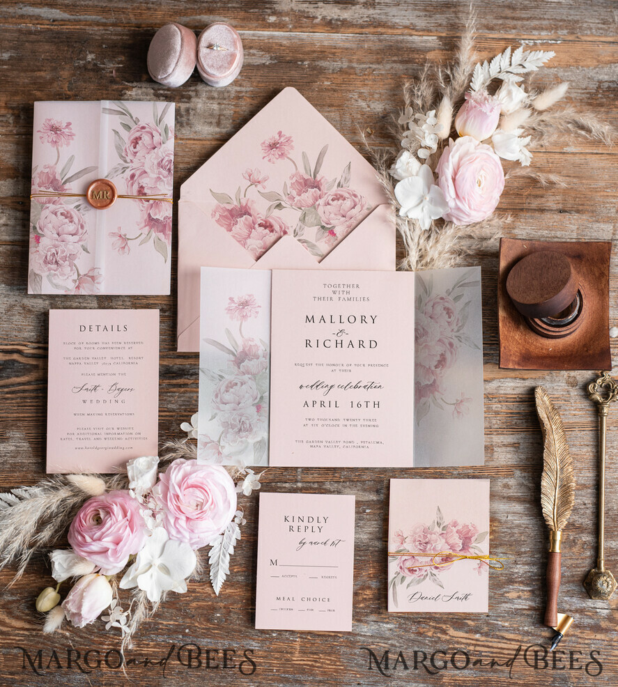 WEDDING INVITATIONS Elegant Invites Classic Cards Elegant Rose Wedding Invitations wax rose gold, Elegant Blush Pink Wedding Invites, Luxury Wedding Cards, Handmade Wedding Invitation Suite