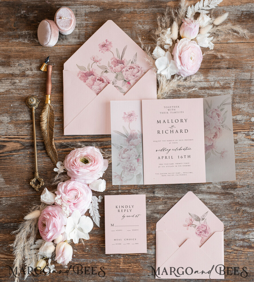 WEDDING INVITATIONS Elegant Invites Classic Cards Elegant Rose Wedding Invitations wax rose gold, Elegant Blush Pink Wedding Invites, Luxury Wedding Cards, Handmade Wedding Invitation Suite