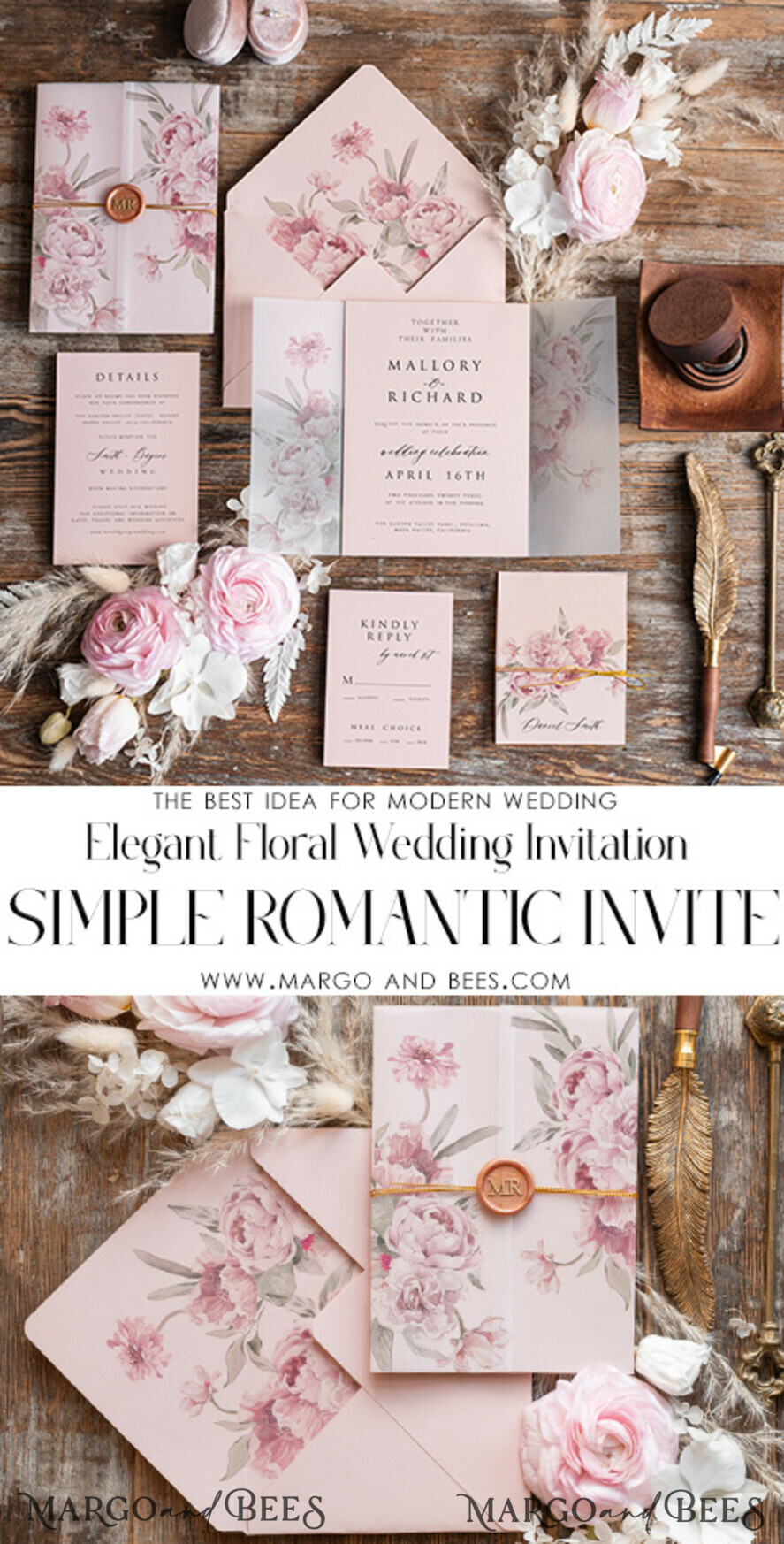 WEDDING INVITATIONS Elegant Invites Classic Cards Elegant Rose Wedding Invitations wax rose gold, Elegant Blush Pink Wedding Invites, Luxury Wedding Cards, Handmade Wedding Invitation Suite