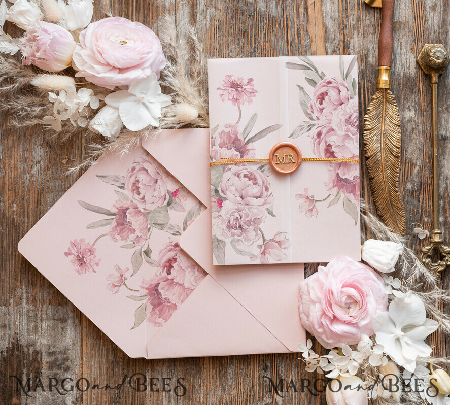WEDDING INVITATIONS Elegant Invites Classic Cards Elegant Rose Wedding Invitations wax rose gold, Elegant Blush Pink Wedding Invites, Luxury Wedding Cards, Handmade Wedding Invitation Suite