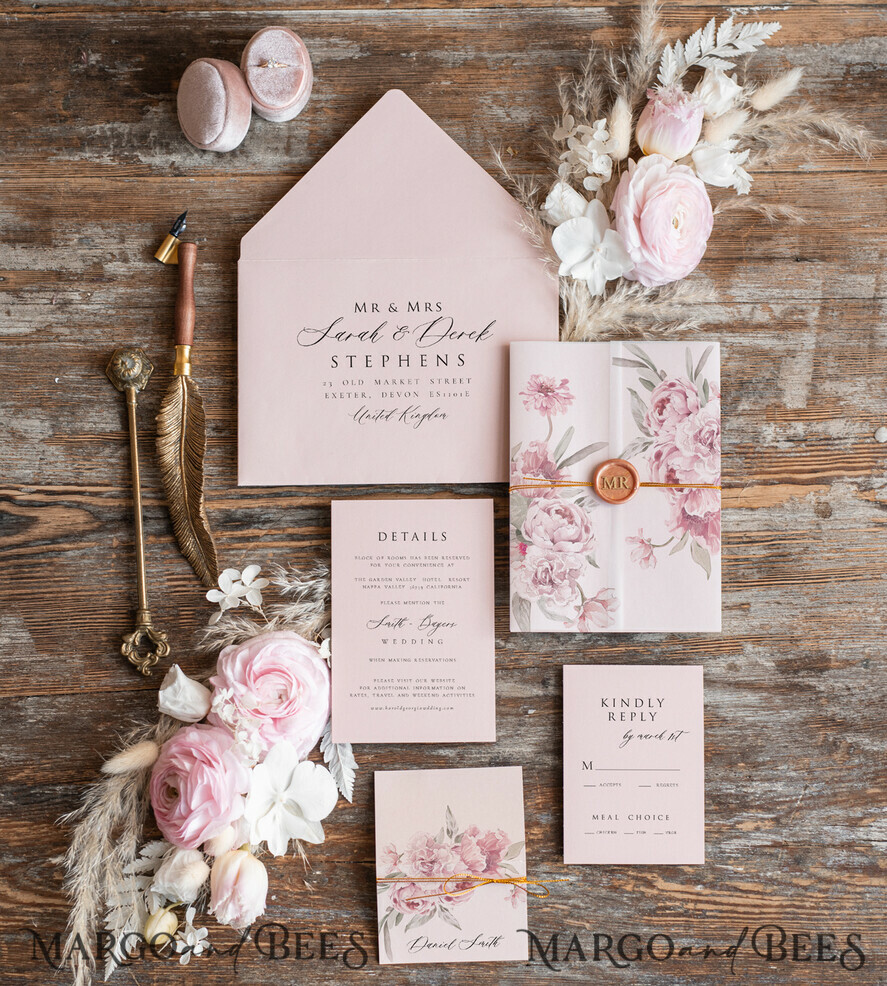 WEDDING INVITATIONS Elegant Invites Classic Cards Elegant Rose Wedding Invitations wax rose gold, Elegant Blush Pink Wedding Invites, Luxury Wedding Cards, Handmade Wedding Invitation Suite
