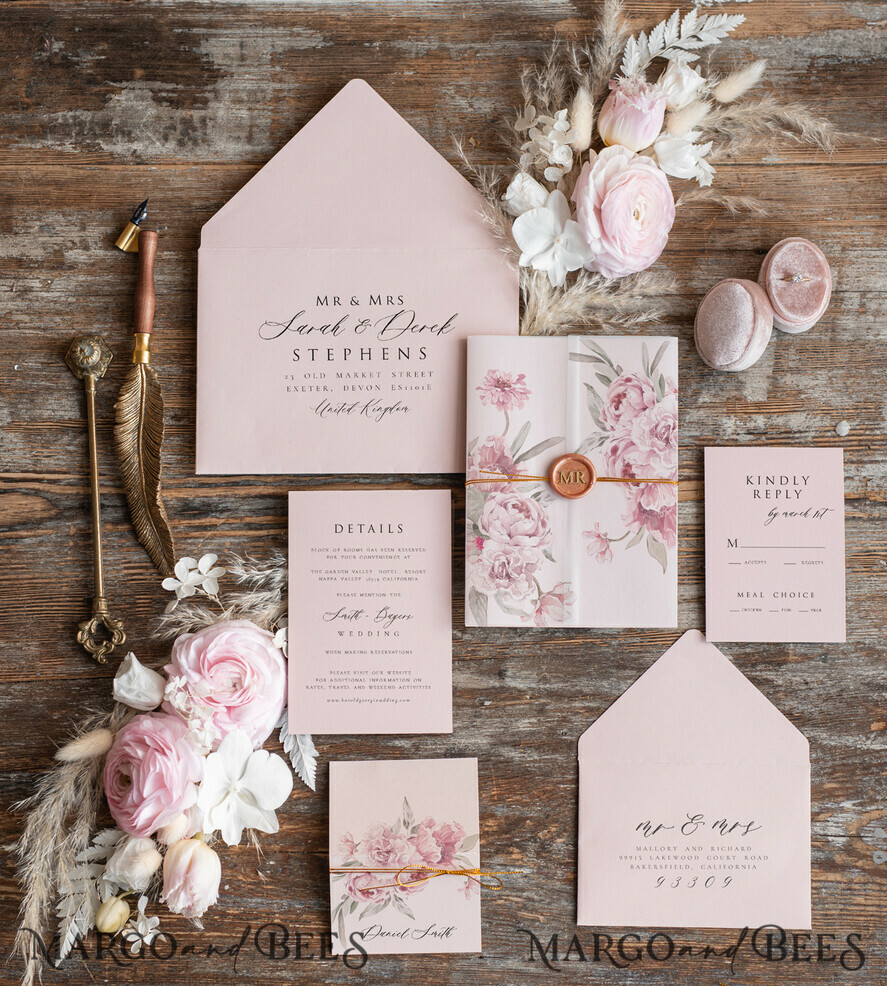 WEDDING INVITATIONS Elegant Invites Classic Cards Elegant Rose Wedding Invitations wax rose gold, Elegant Blush Pink Wedding Invites, Luxury Wedding Cards, Handmade Wedding Invitation Suite