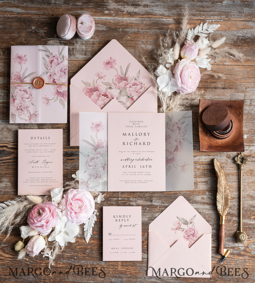 WEDDING INVITATIONS Elegant Invites Classic Cards Elegant Rose Wedding Invitations wax rose gold, Elegant Blush Pink Wedding Invites, Luxury Wedding Cards, Handmade Wedding Invitation Suite