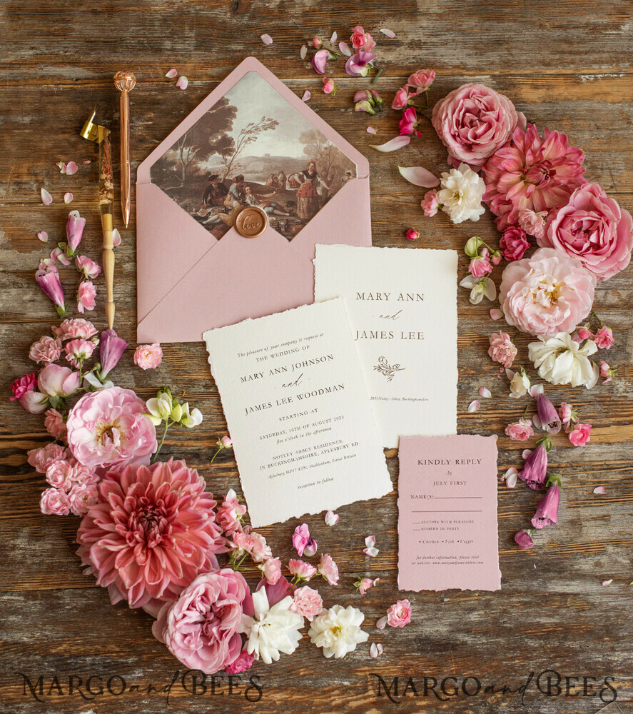 WEDDING INVITATIONS Elegant Invites Classic Cards Custom blush pink wedding invitation, modern designed stationery oil picture landscape, elegant suite