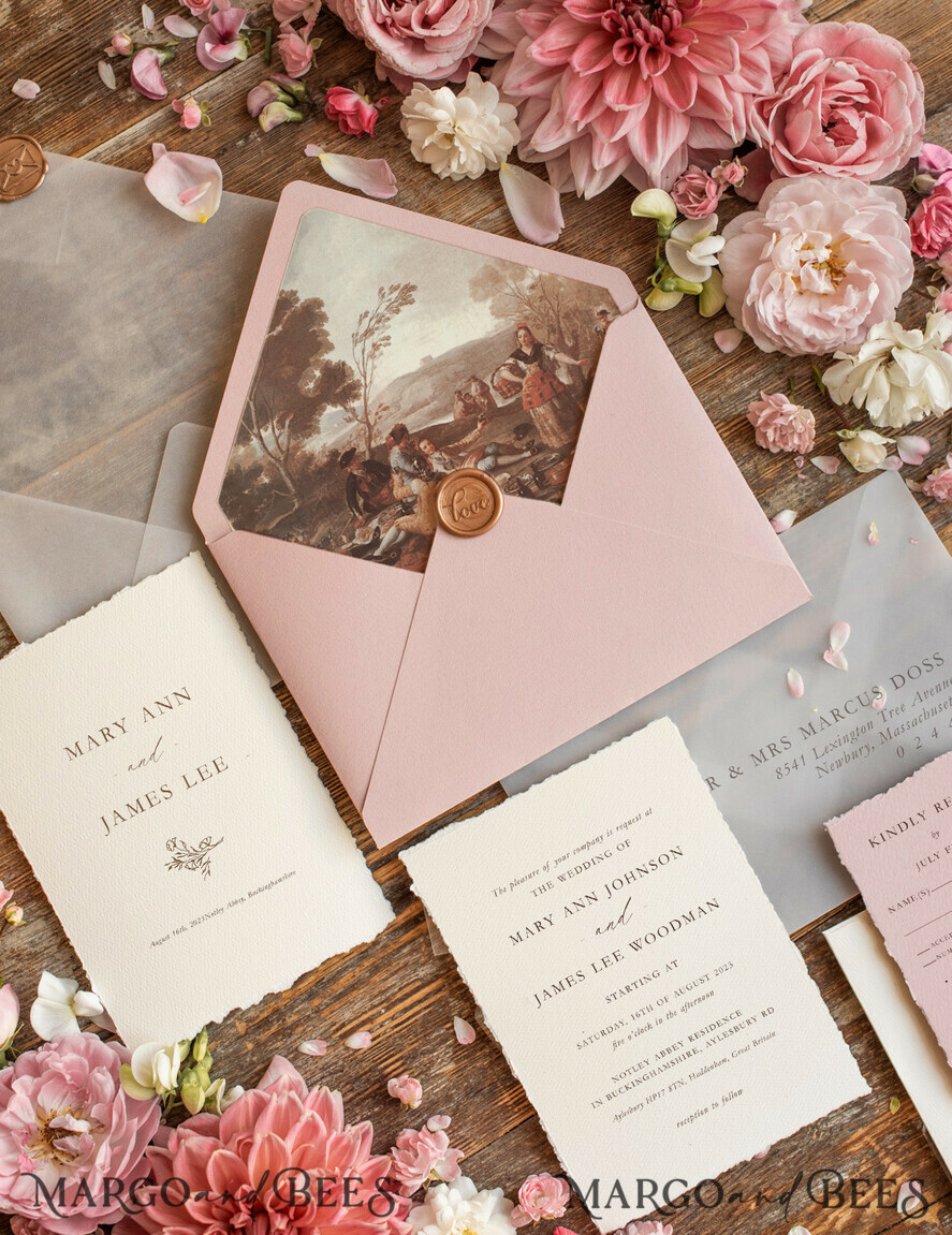 WEDDING INVITATIONS Elegant Invites Classic Cards Custom blush pink wedding invitation, modern designed stationery oil picture landscape, elegant suite