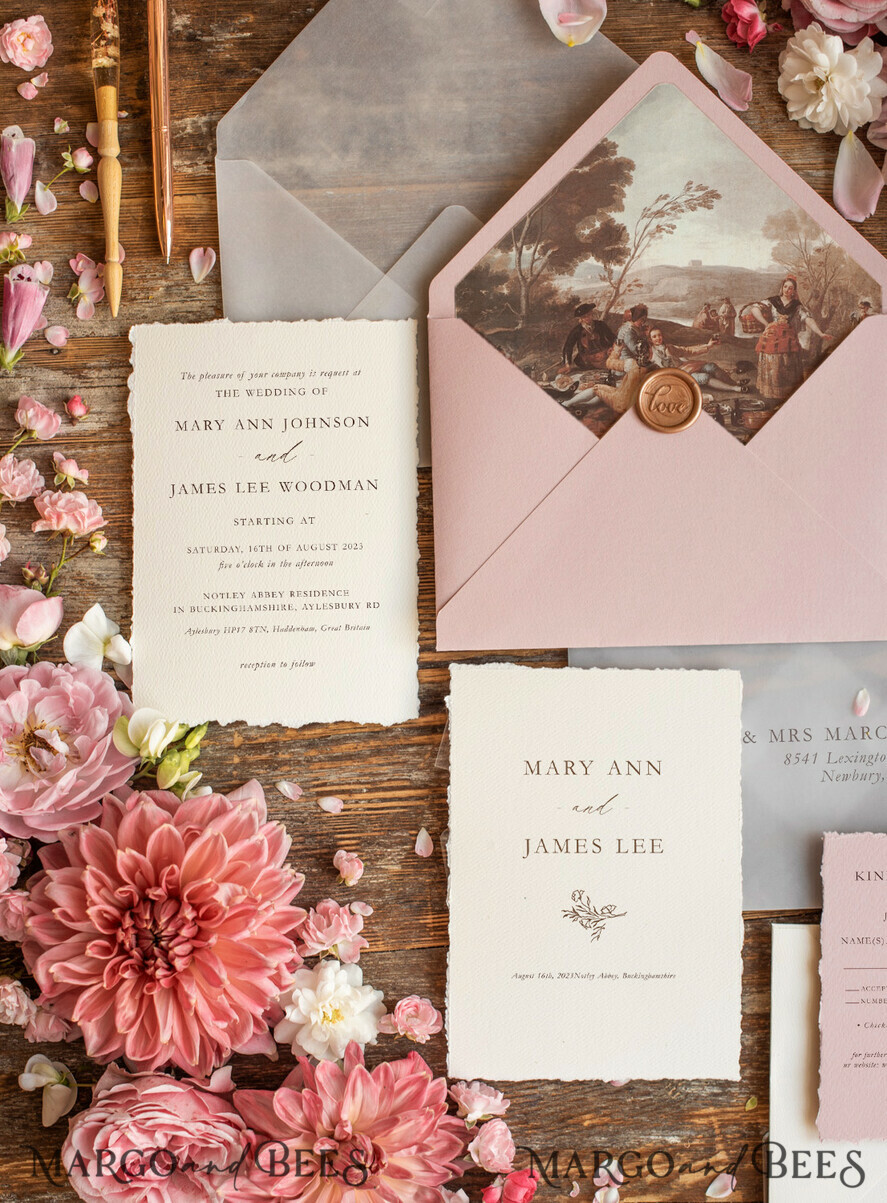 WEDDING INVITATIONS Elegant Invites Classic Cards Custom blush pink wedding invitation, modern designed stationery oil picture landscape, elegant suite