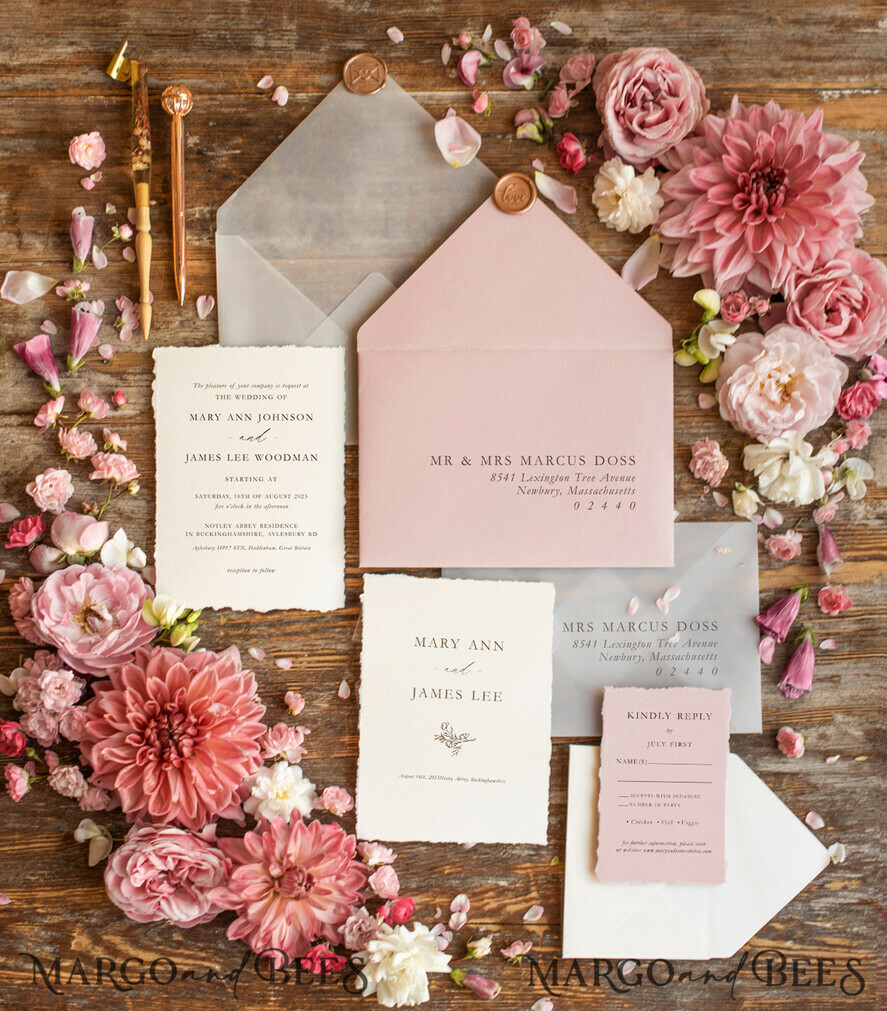 WEDDING INVITATIONS Elegant Invites Classic Cards Custom blush pink wedding invitation, modern designed stationery oil picture landscape, elegant suite