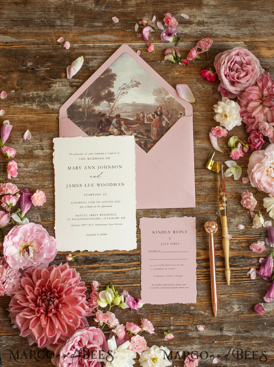WEDDING INVITATIONS Elegant Invites Classic Cards Custom blush pink wedding invitation, modern designed stationery oil picture landscape, elegant suite