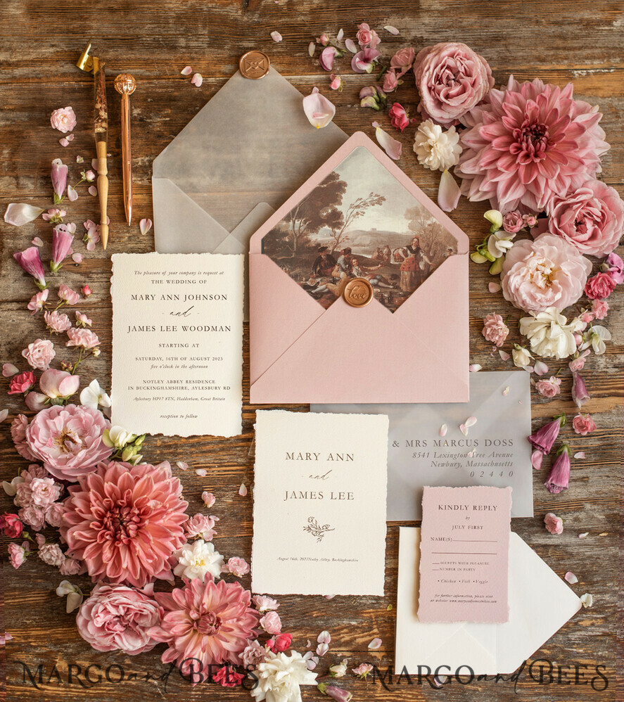 WEDDING INVITATIONS Elegant Invites Classic Cards Custom blush pink wedding invitation, modern designed stationery oil picture landscape, elegant suite