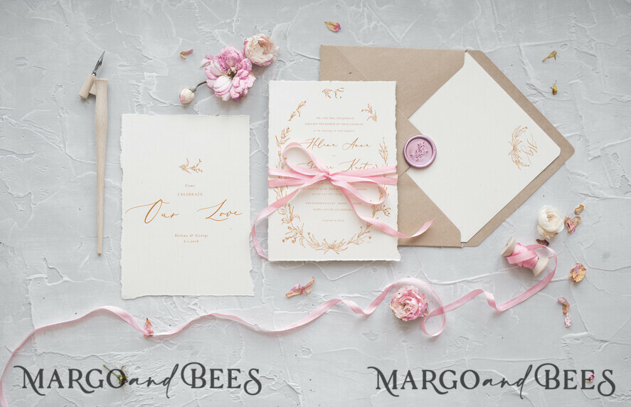 WEDDING INVITATIONS Elegant Invites Classic Cards Minimalist Wedding Invitations Fine Art Stationery with Floral Sketch Wreath Silk Bow Craft Envelope with Monogram Branch Liner
