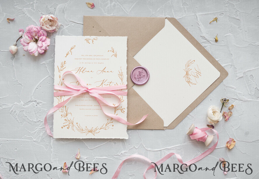 WEDDING INVITATIONS Elegant Invites Classic Cards Minimalist Wedding Invitations Fine Art Stationery with Floral Sketch Wreath Silk Bow Craft Envelope with Monogram Branch Liner