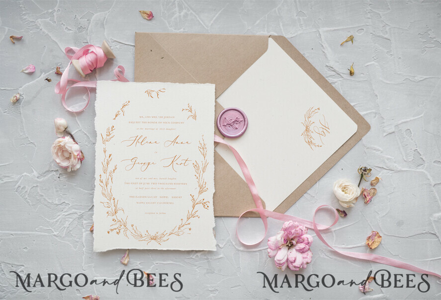WEDDING INVITATIONS Elegant Invites Classic Cards Minimalist Wedding Invitations Fine Art Stationery with Floral Sketch Wreath Silk Bow Craft Envelope with Monogram Branch Liner