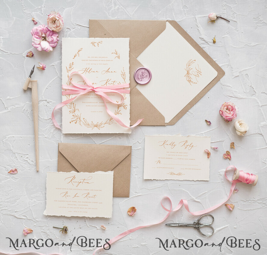 WEDDING INVITATIONS Elegant Invites Classic Cards Minimalist Wedding Invitations Fine Art Stationery with Floral Sketch Wreath Silk Bow Craft Envelope with Monogram Branch Liner